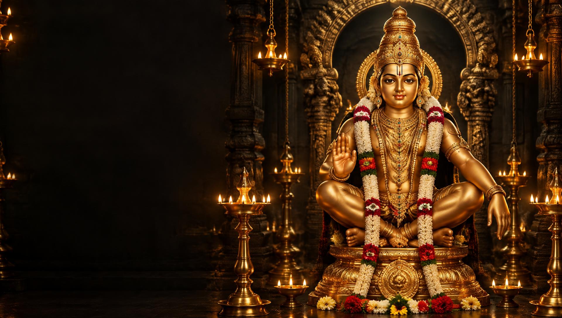 Lord Ayyappa seated in a warmly lit temple sanctum